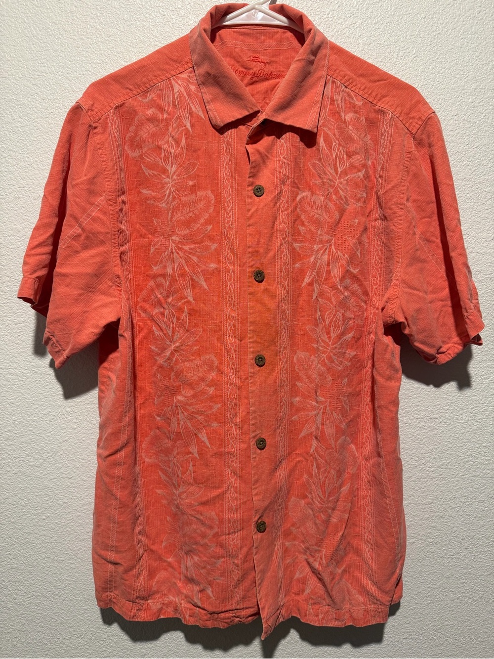Tommy Bahama Men's L Orange Linen Floral Embroidered Short Sleeve Button-Up